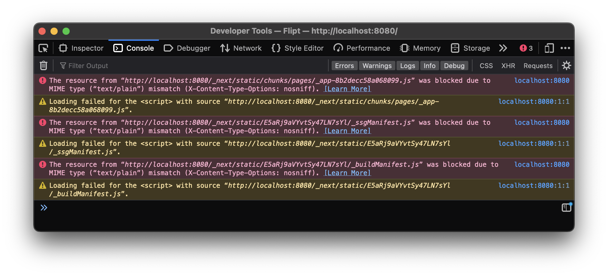 Errors in the browser console